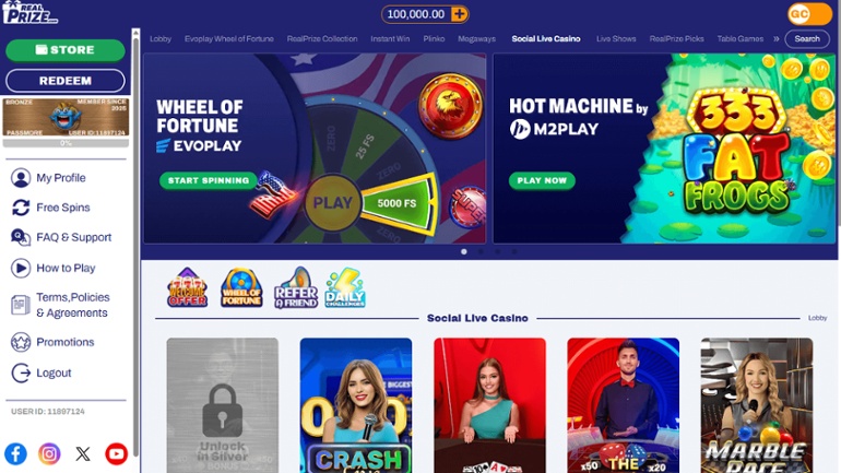 The Real Prize casino games lobby after player login with live casino games selected.